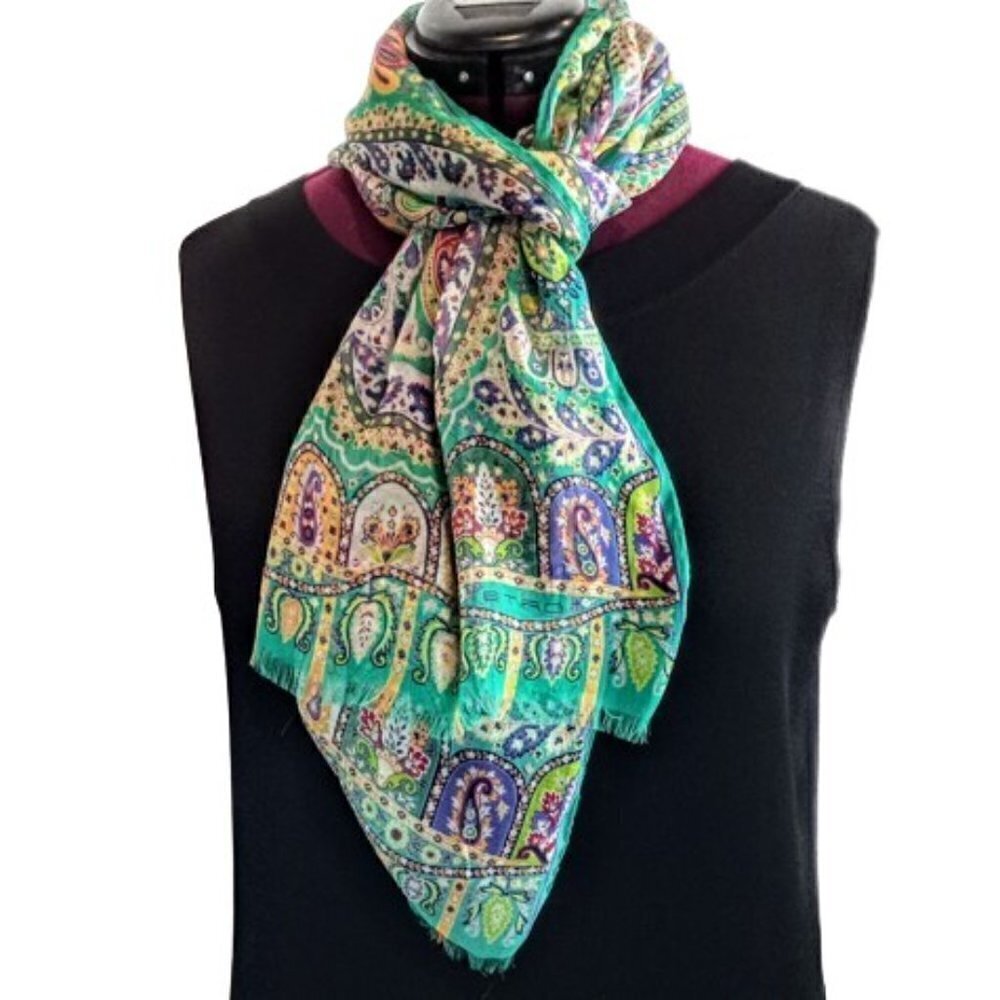 Etro Sheer 100% Silk Chiffon Fringed Oblong Scarf Wrap